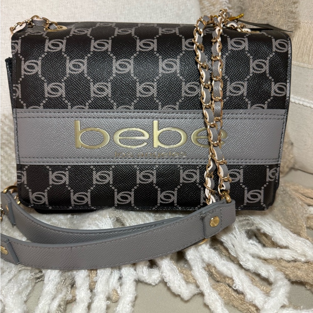 Bebe Black and Gray Crossbody Bag with Gold Accents